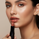 Woman holding a lipstick close to her lips against a neutral background
