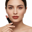 Woman holding a lipstick with a neutral background