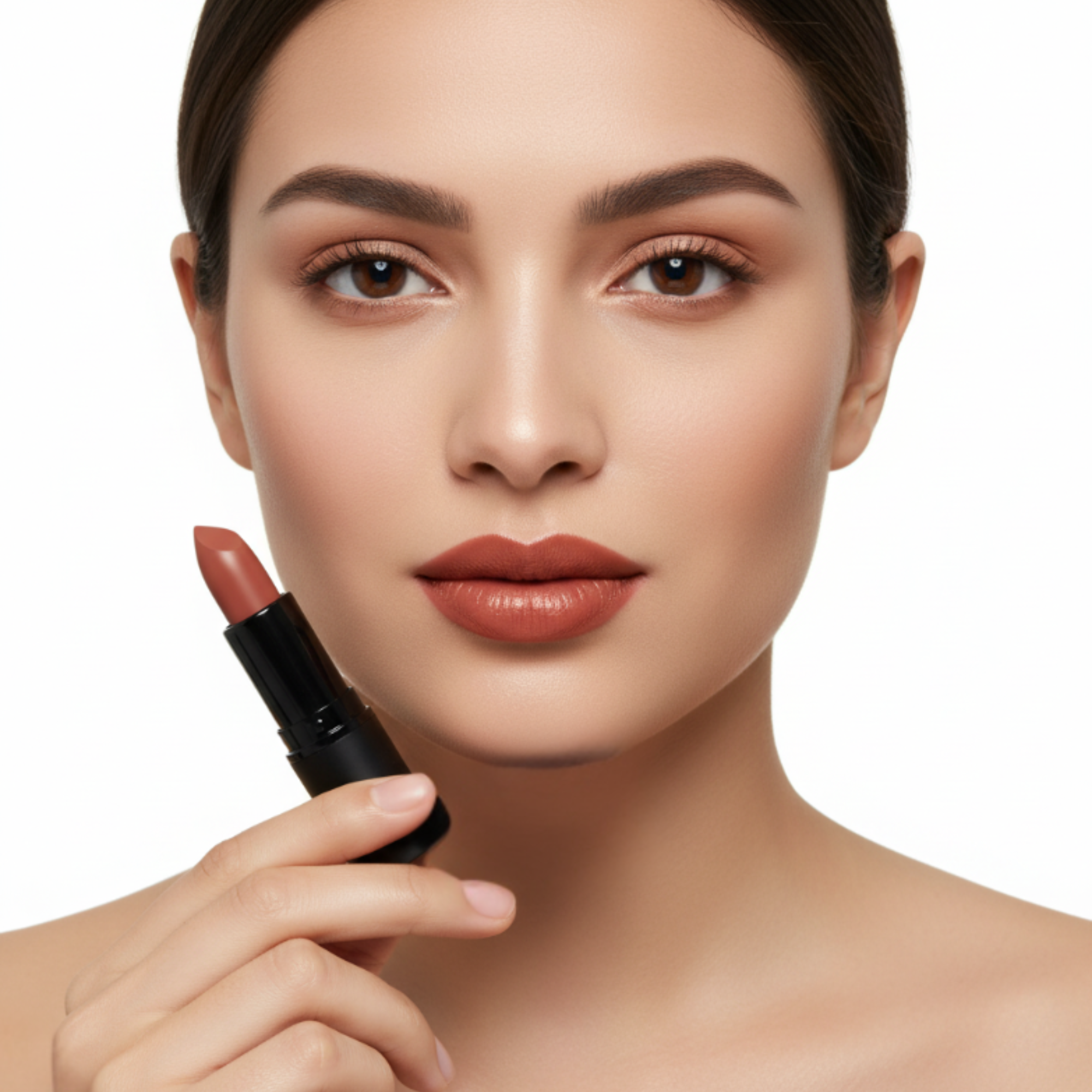 Woman holding a lipstick with a neutral background