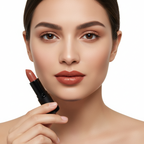 Woman holding a lipstick with a neutral background