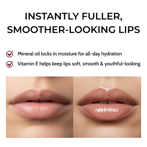 Lips before and after application of a lip product with text highlighting benefits.
