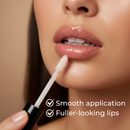 Lip gloss application with text indicating smooth application and fuller-looking lips.