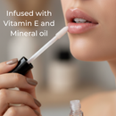 Person applying lip balm with text about vitamin E and mineral oil