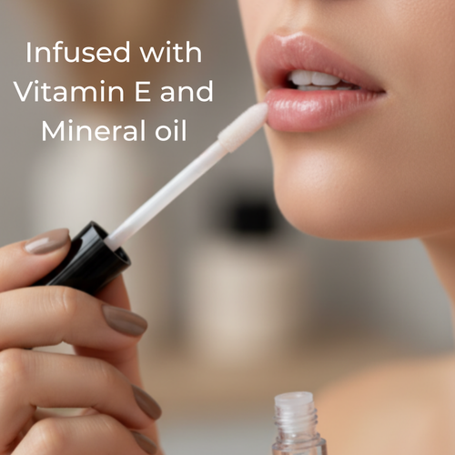 Person applying lip balm with text about vitamin E and mineral oil