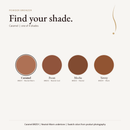 Powder Bronzer shade chart with Caramel BRZ01 selected: Caramel, Pecan, Mocha and Tawny
