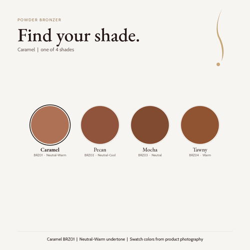 Powder Bronzer shade chart with Caramel BRZ01 selected: Caramel, Pecan, Mocha and Tawny