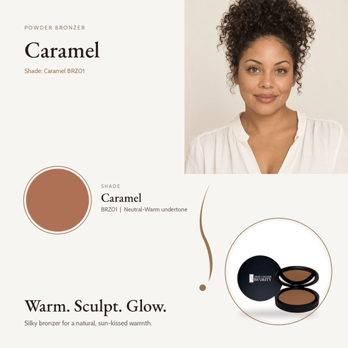 Powder Bronzer Caramel BRZ01 shade swatch with model and compact