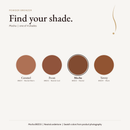Powder Bronzer shade chart with Mocha BRZ03 selected: Caramel, Pecan, Mocha and Tawny