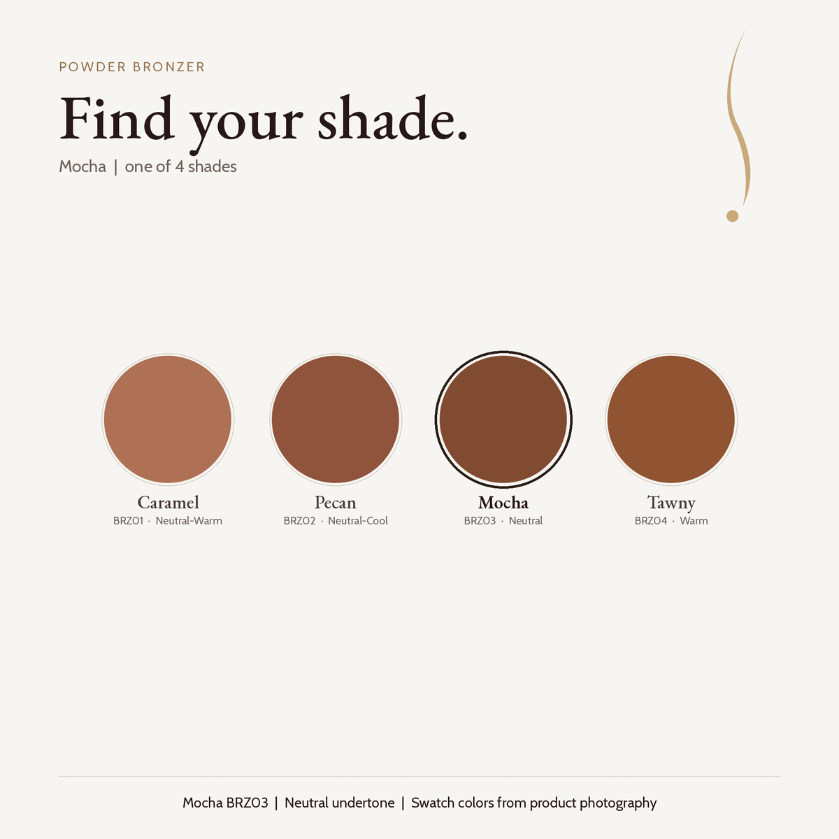 Powder Bronzer shade chart with Mocha BRZ03 selected: Caramel, Pecan, Mocha and Tawny