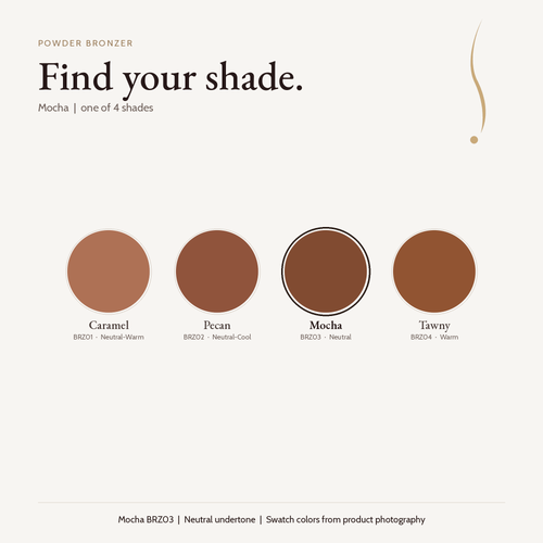 Powder Bronzer shade chart with Mocha BRZ03 selected: Caramel, Pecan, Mocha and Tawny