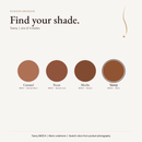 Powder Bronzer shade chart with Tawny BRZ04 selected: Caramel, Pecan, Mocha and Tawny
