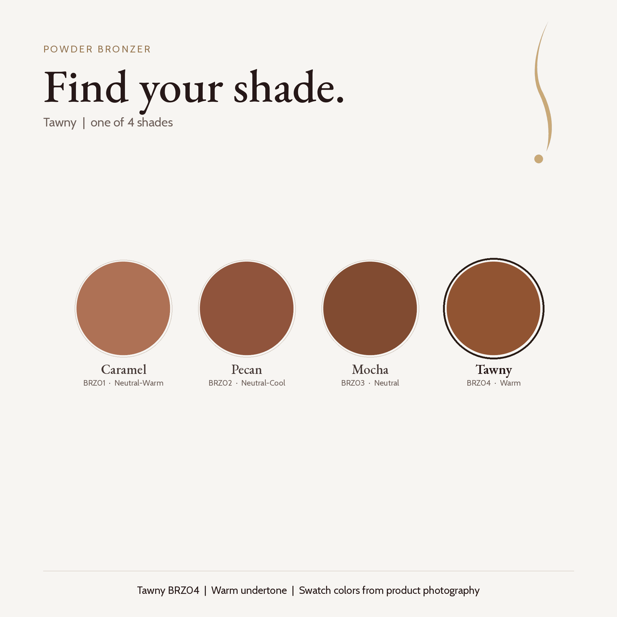Powder Bronzer shade chart with Tawny BRZ04 selected: Caramel, Pecan, Mocha and Tawny