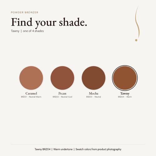 Powder Bronzer shade chart with Tawny BRZ04 selected: Caramel, Pecan, Mocha and Tawny