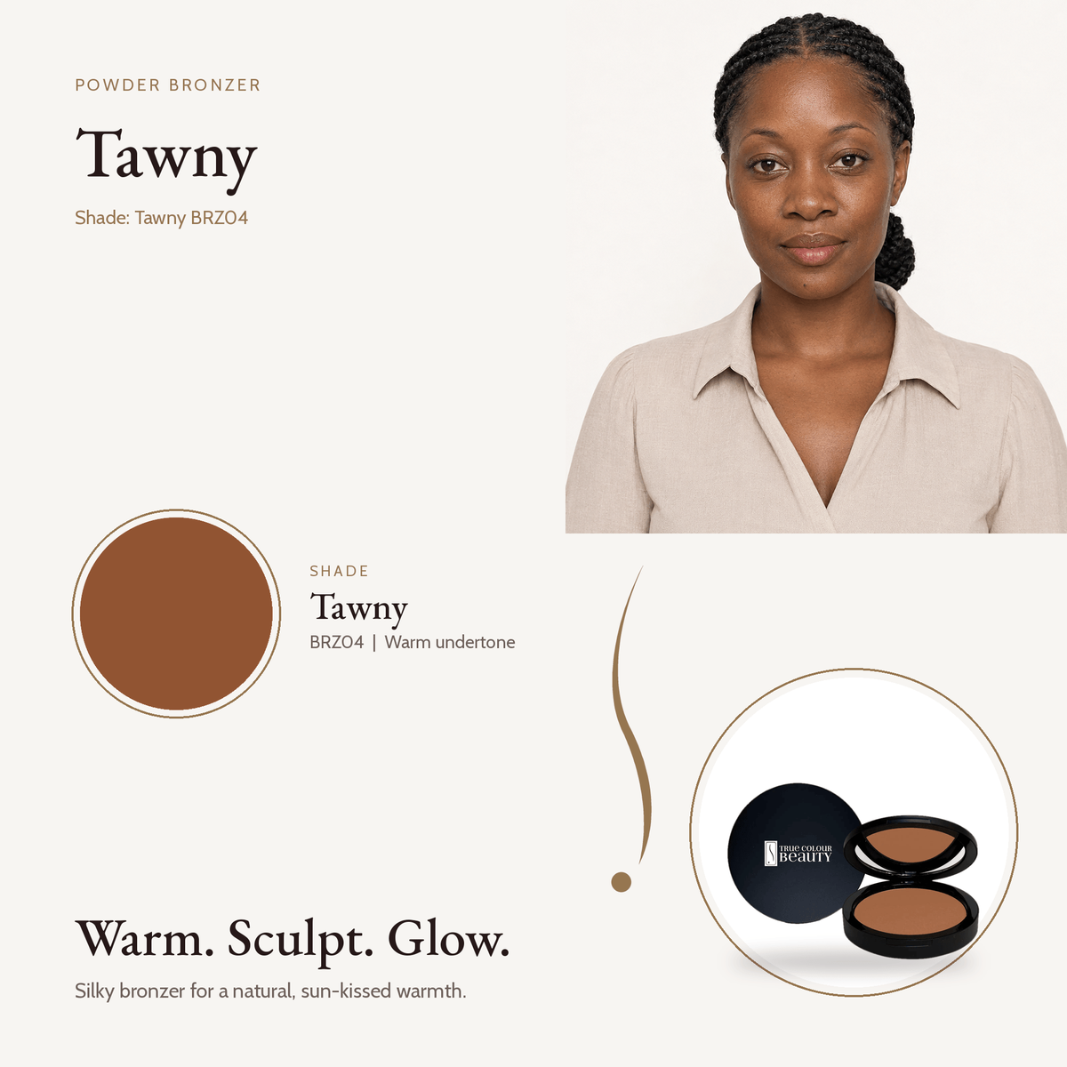 Powder Bronzer Tawny BRZ04 shade swatch with model and compact