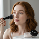 Woman applying makeup with a brush and compact powder on a neutral background