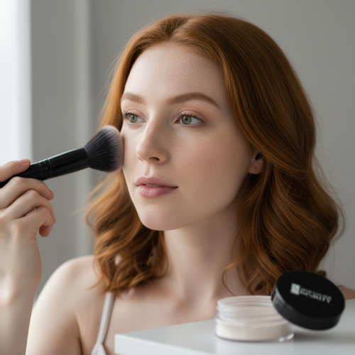 Woman applying makeup with a brush and compact powder on a neutral background