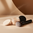 Makeup product with applicators on a beige background