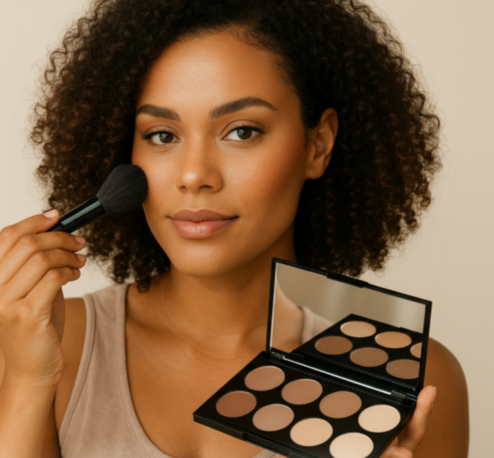 Woman applying makeup with a brush and a palette on a beige background