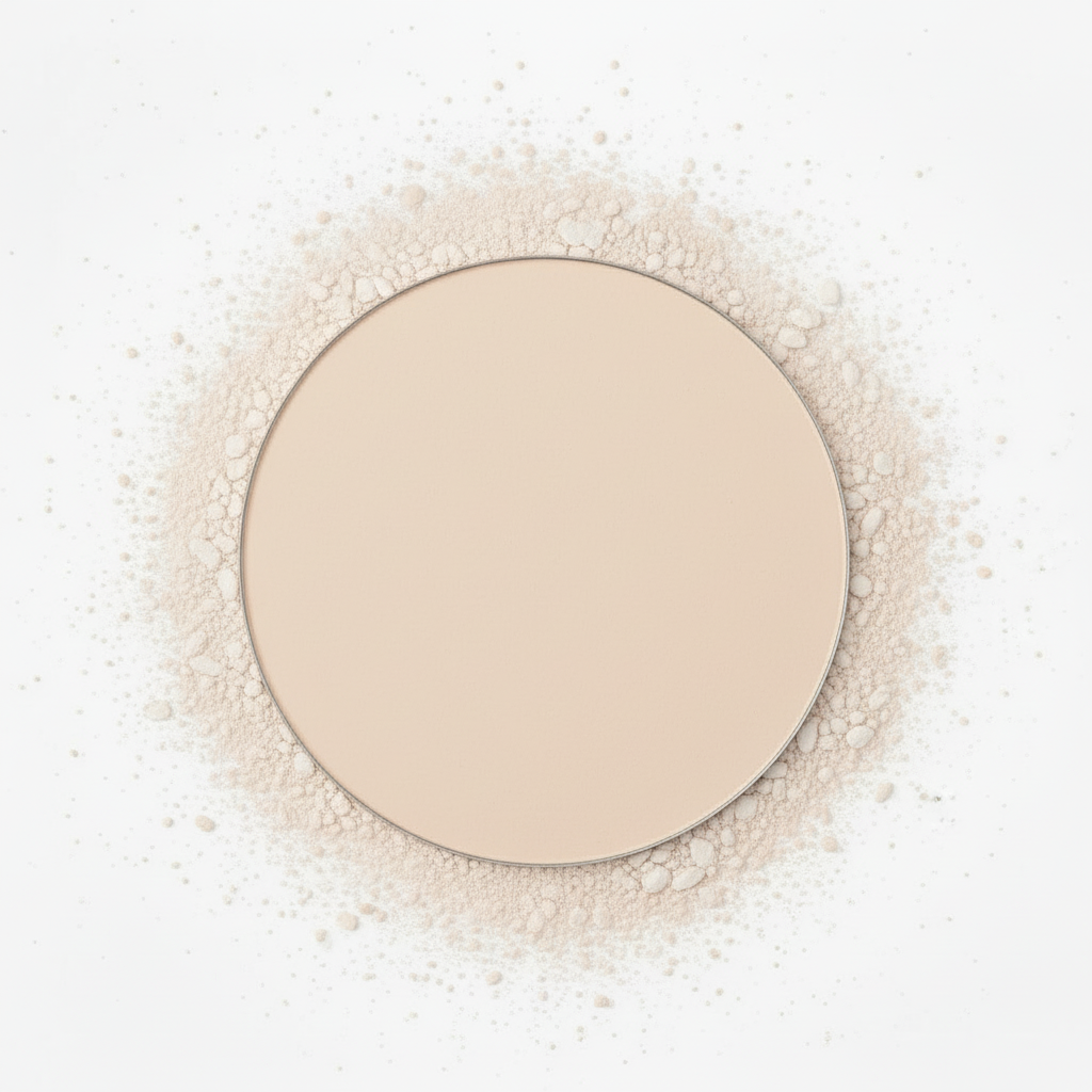 Circular arrangement of beige powder on a white background
