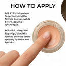 Cosmetic product with a finger applying it, text on how to use for eyes and lips.