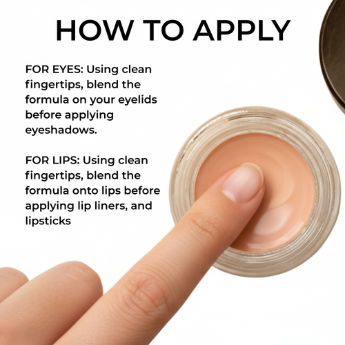 Cosmetic product with a finger applying it, text on how to use for eyes and lips.