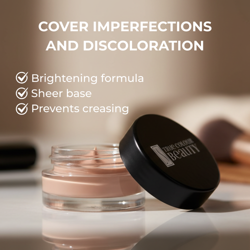 Cosmetic jar with a black lid on a neutral background, featuring text about product benefits.