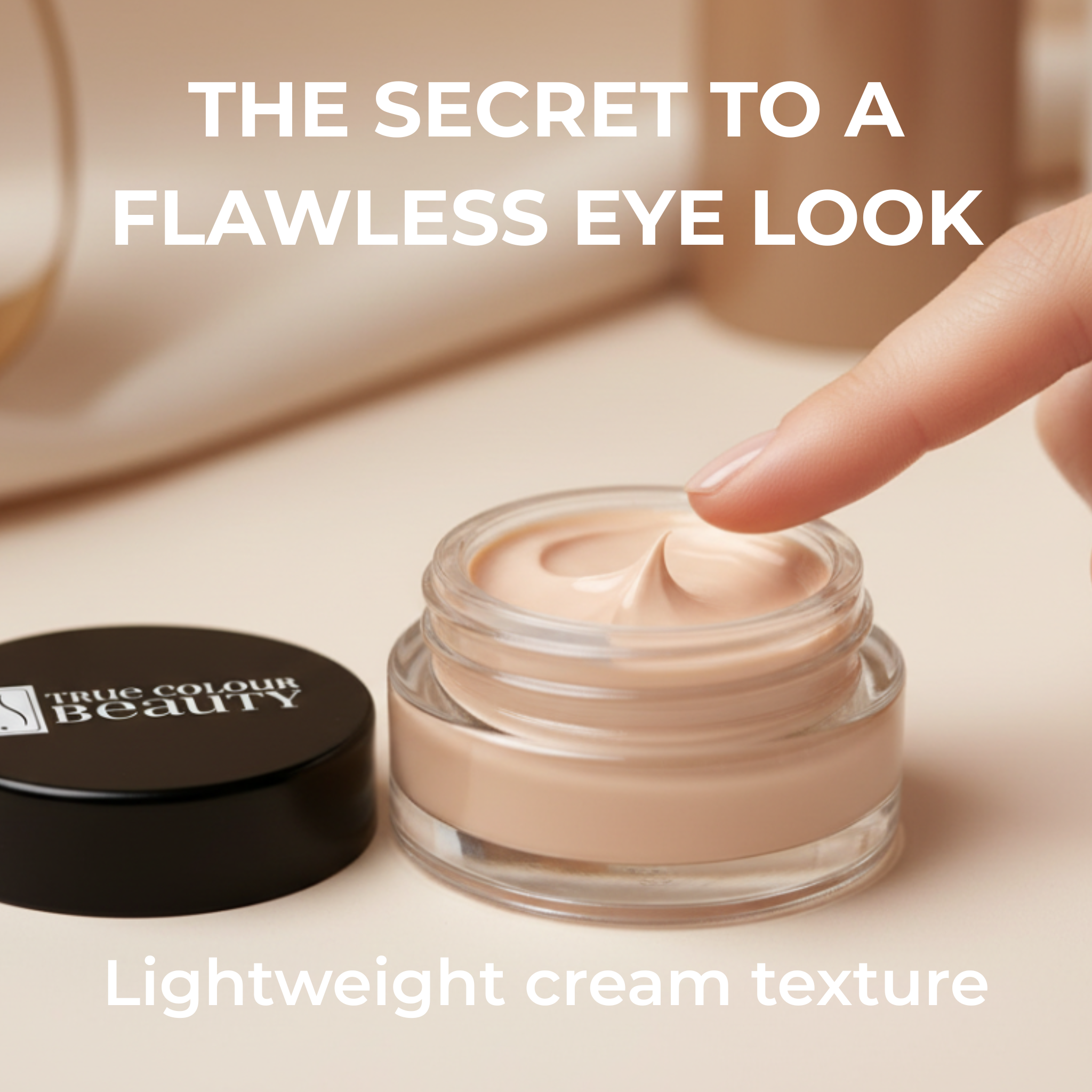 Jar of cream with a hand applying it, text about a flawless eye look and lightweight cream texture.