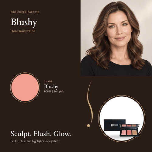 Pro Cheek Palette Blushy shade swatch with model