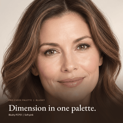 Close-up of model for Pro Cheek Palette in Blushy