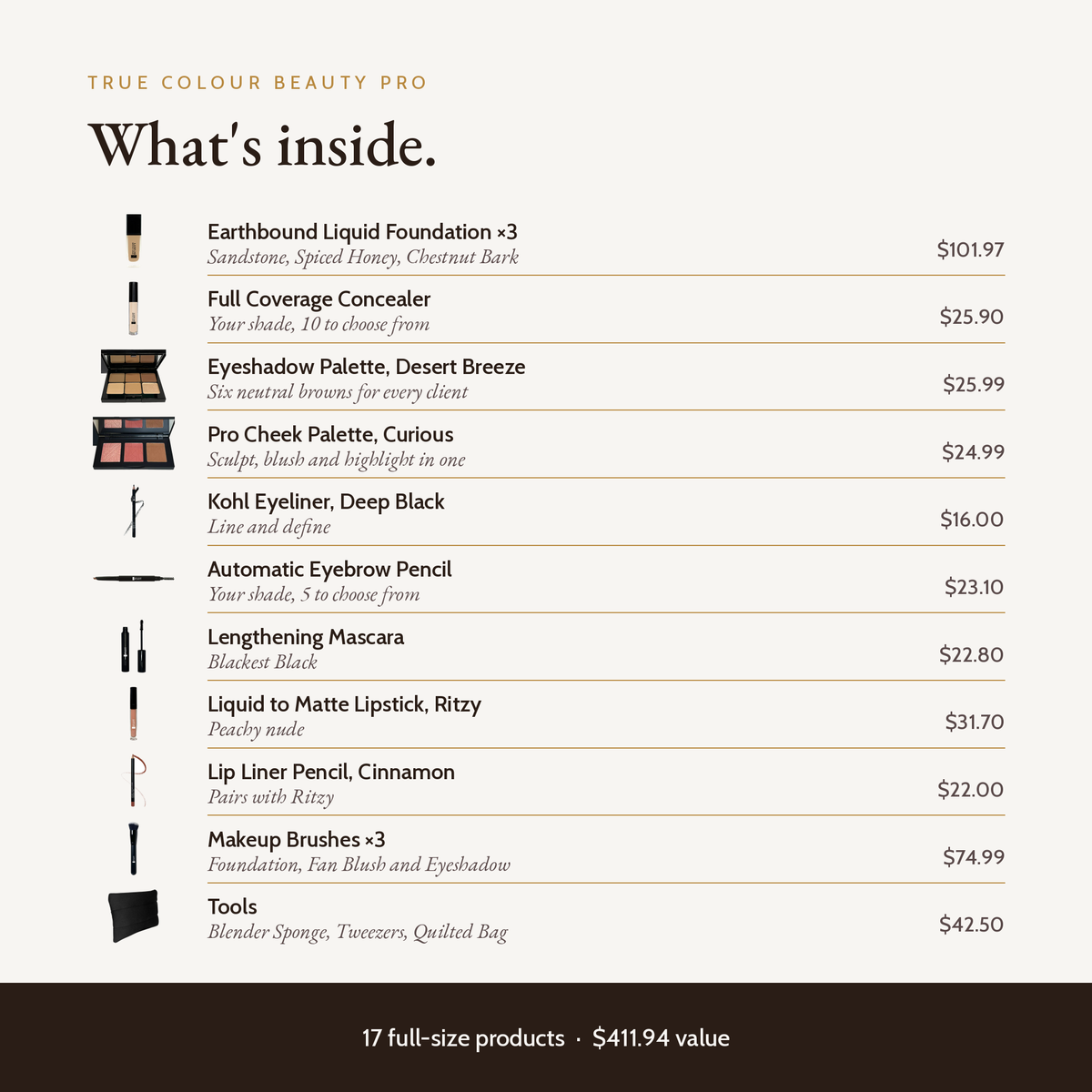 Professional MUA Starter Kit, what's inside with product values
