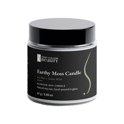 Earthy Moss Candle in a glass jar with black lid, natural soy wax