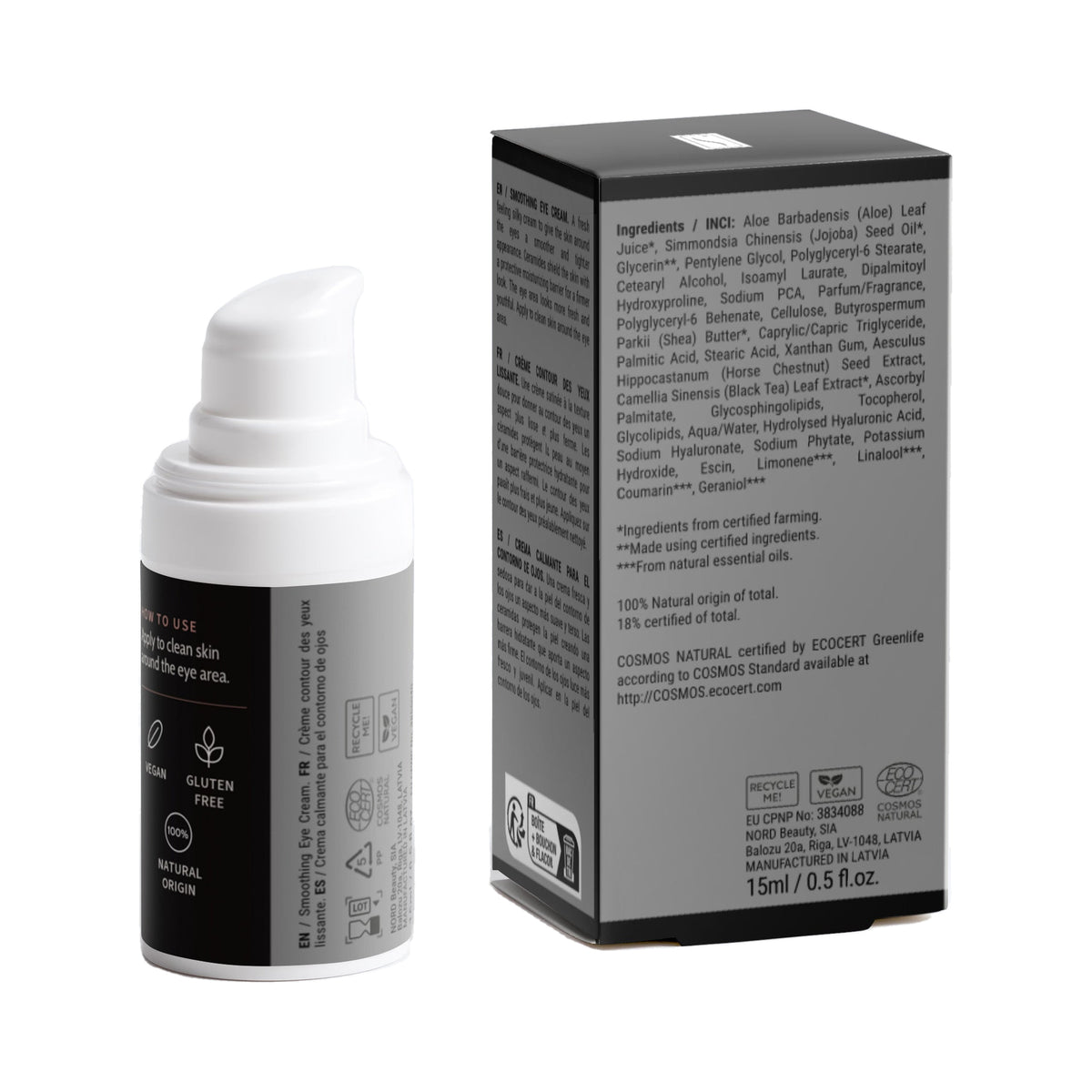 Smoothing Eye Cream, bottle and box, back view with ingredients and directions