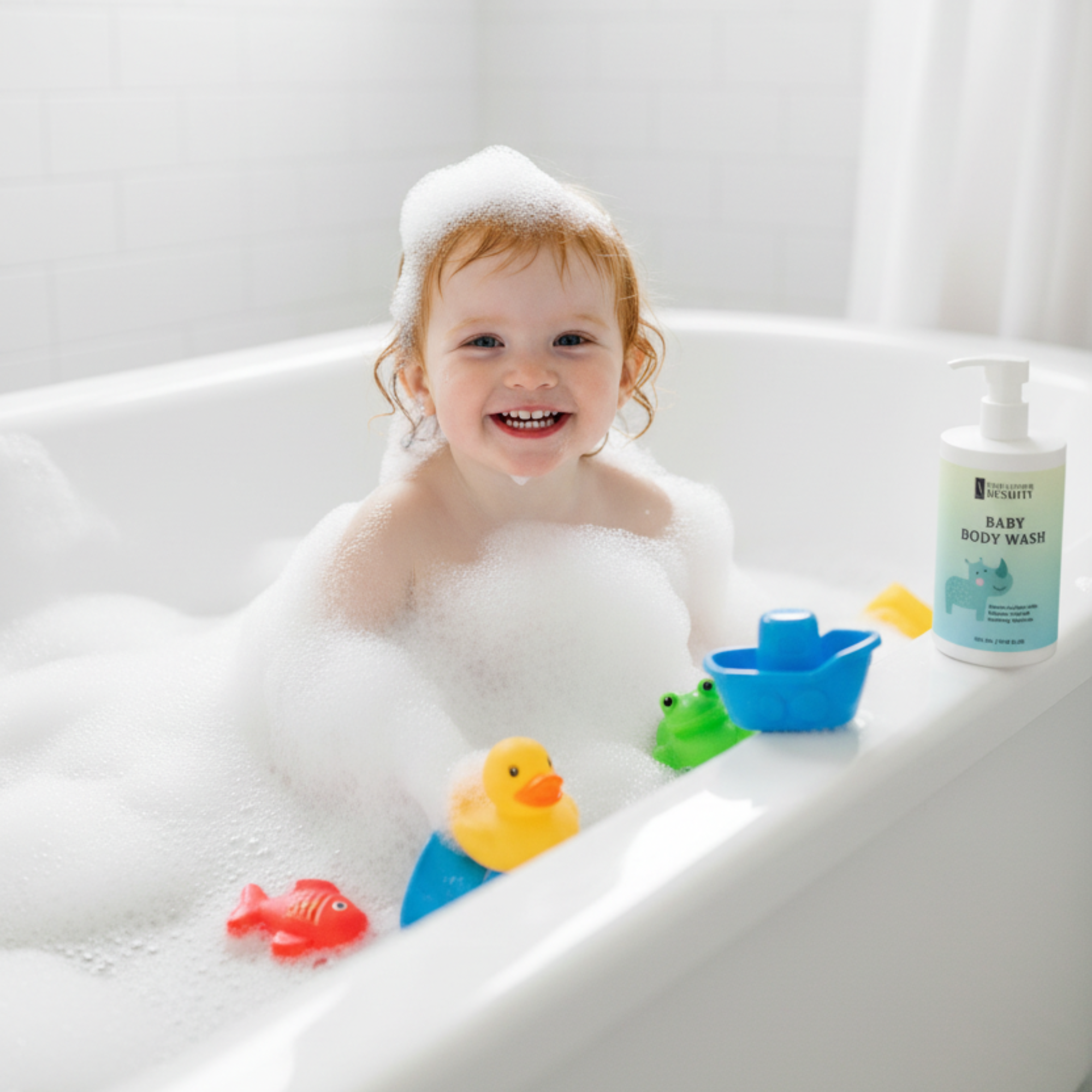 Redhead girl covered in bubbles