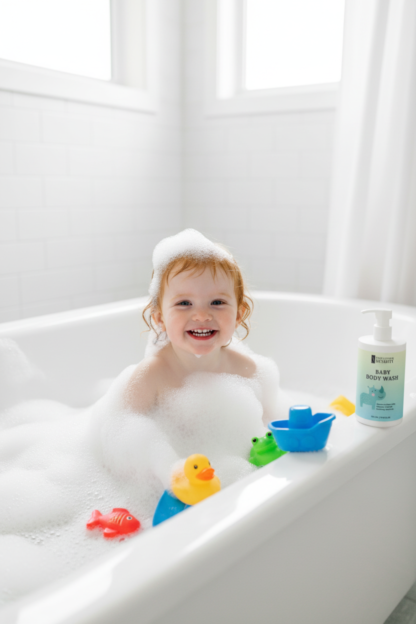 Redhead girl covered in bubbles