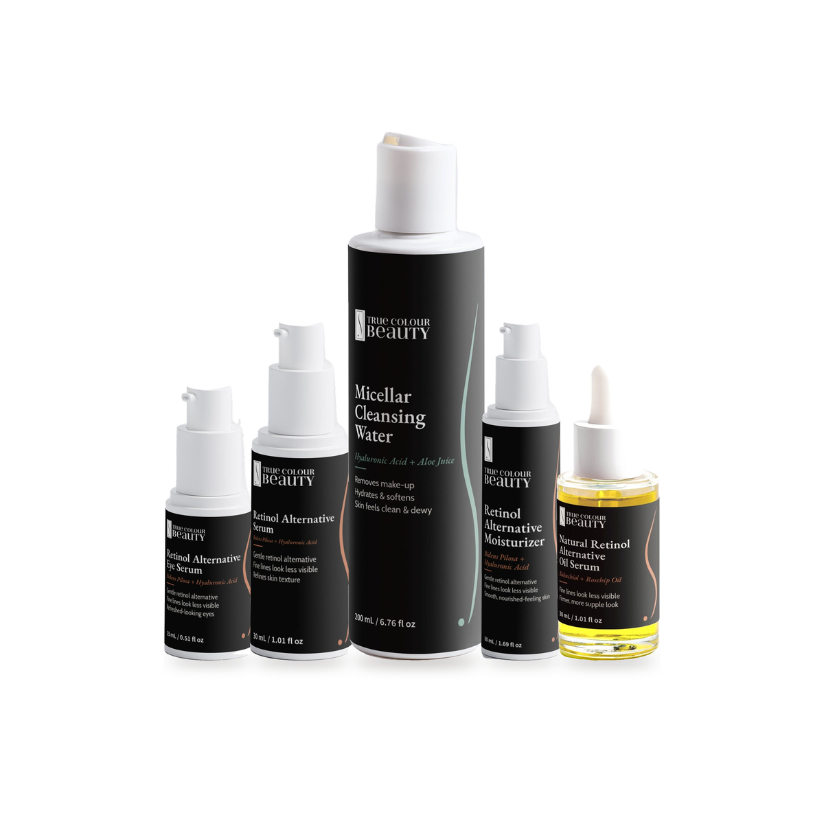 Retinol Alternative Routine set, five bottles grouped on white
