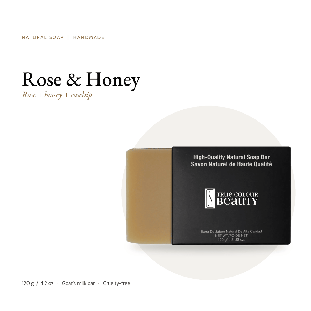 Rose & Honey Natural Soap bar and box, 120 g