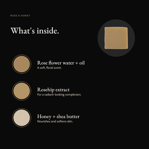 What's inside Rose & Honey Natural Soap: rose flower water & oil, rosehip extract, honey & shea butter