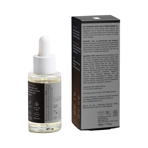 Rosemary Hair & Scalp Strengthening Oil, bottle and box, back view with ingredients and directions