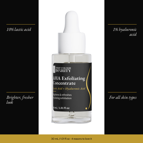 AHA Exfoliating Concentrate with four benefits: 10% lactic acid, 1% hyaluronic acid, brighter, fresher look, for all skin types