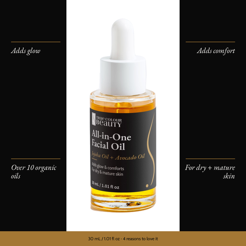 All-In-One Facial Oil with four benefits: adds glow, adds comfort, over 10 organic oils, for dry + mature skin