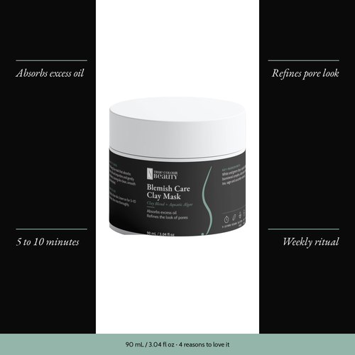 Blemish Care Clay Mask with four benefits: absorbs excess oil, refines pore look, 5 to 10 minutes, weekly ritual