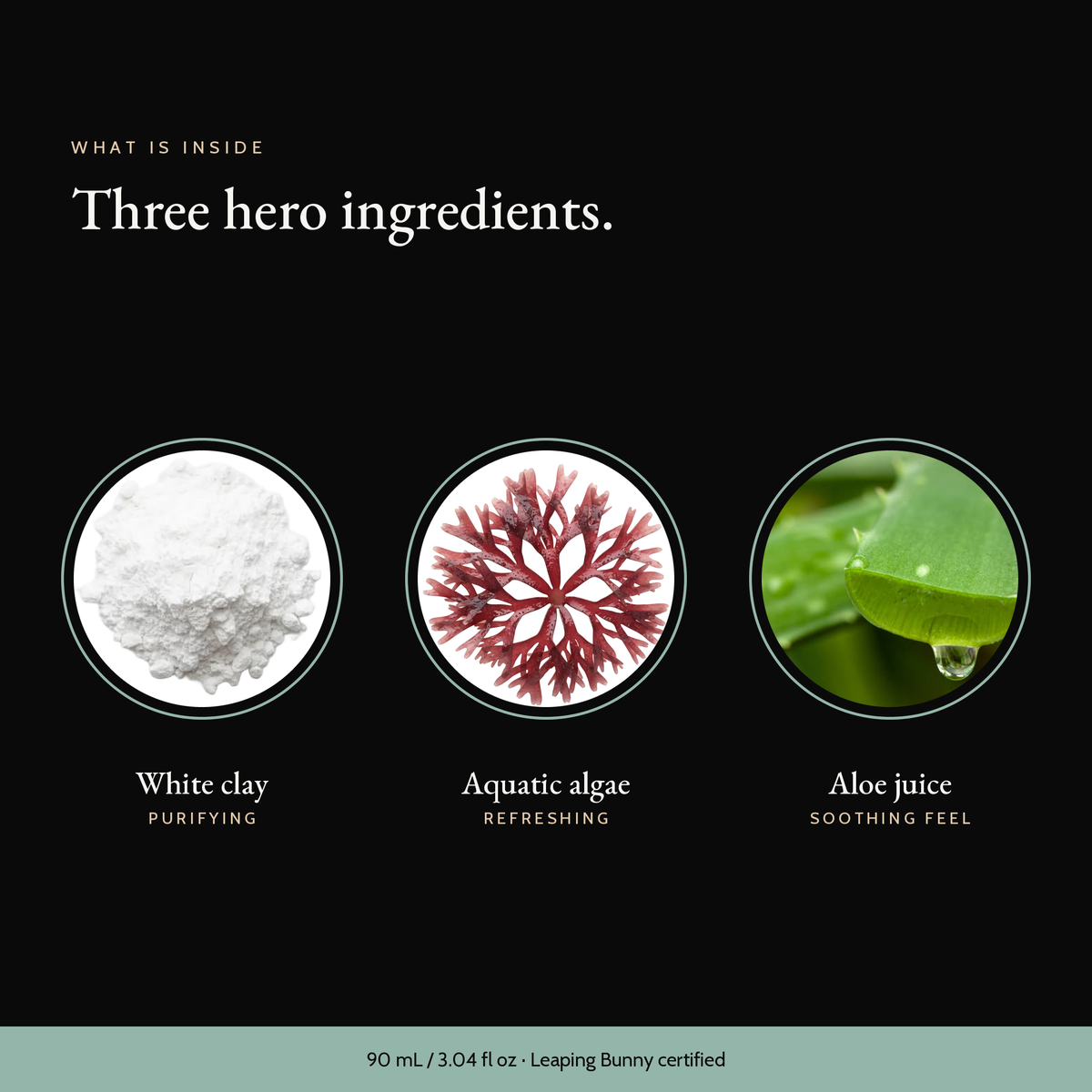 Three hero ingredients in Blemish Care Clay Mask: white clay, aquatic algae, aloe juice