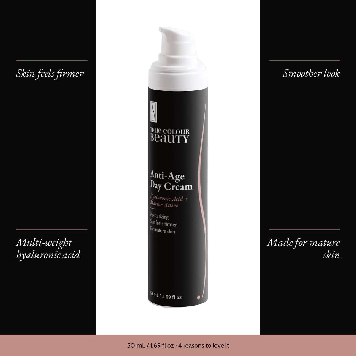 Anti-Age Day Cream with four benefits: skin feels firmer, smoother look, multi-weight hyaluronic acid, made for mature skin