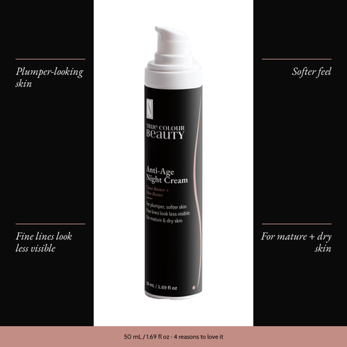 Anti-Age Night Cream with four benefits: plumper-looking skin, softer feel, fine lines look less visible, for mature + dry skin