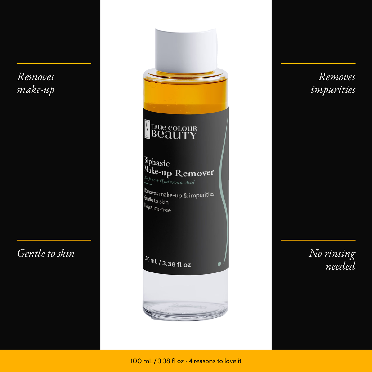 BiPhasic Make-up Remover with four benefits: removes make-up, removes impurities, gentle to skin, no rinsing needed