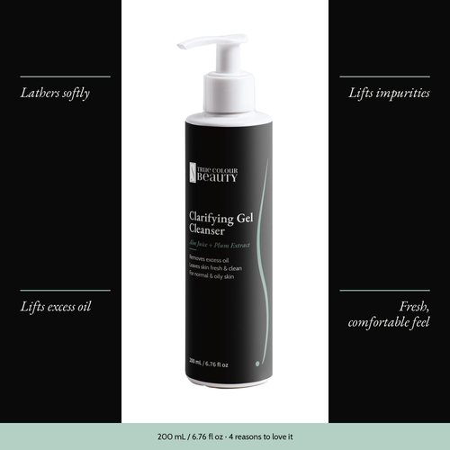 Clarifying Gel Cleanser with four benefits: lathers softly, lifts impurities, lifts excess oil, fresh, comfortable feel