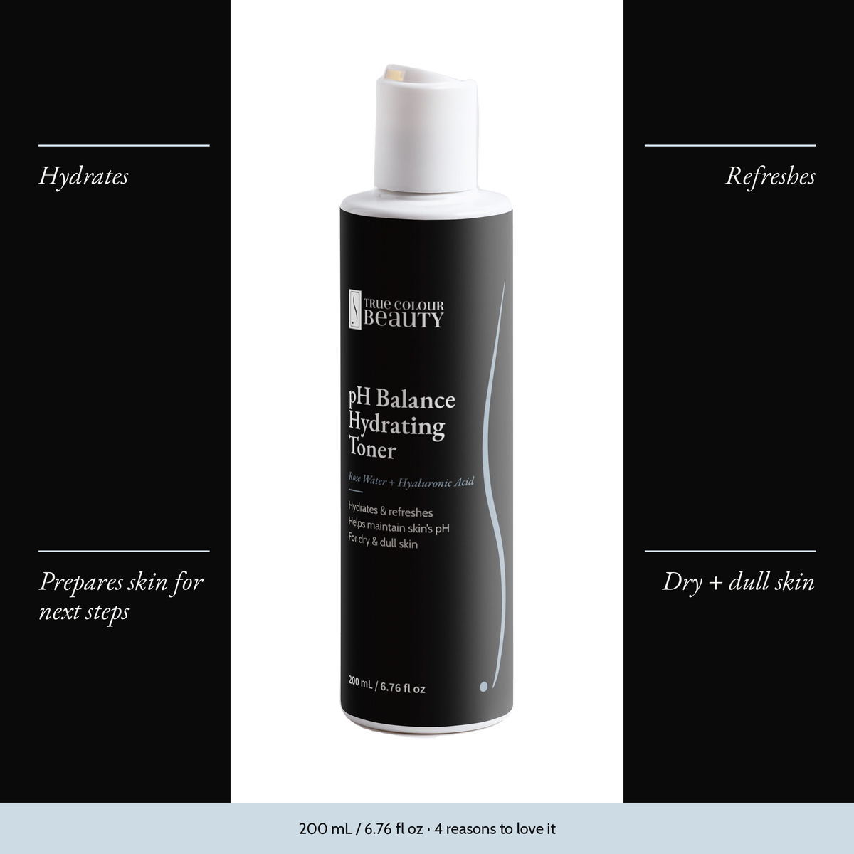pH Balance Hydrating Toner with four benefits: hydrates, refreshes, prepares skin for next steps, dry + dull skin