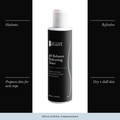 pH Balance Hydrating Toner with four benefits: hydrates, refreshes, prepares skin for next steps, dry + dull skin