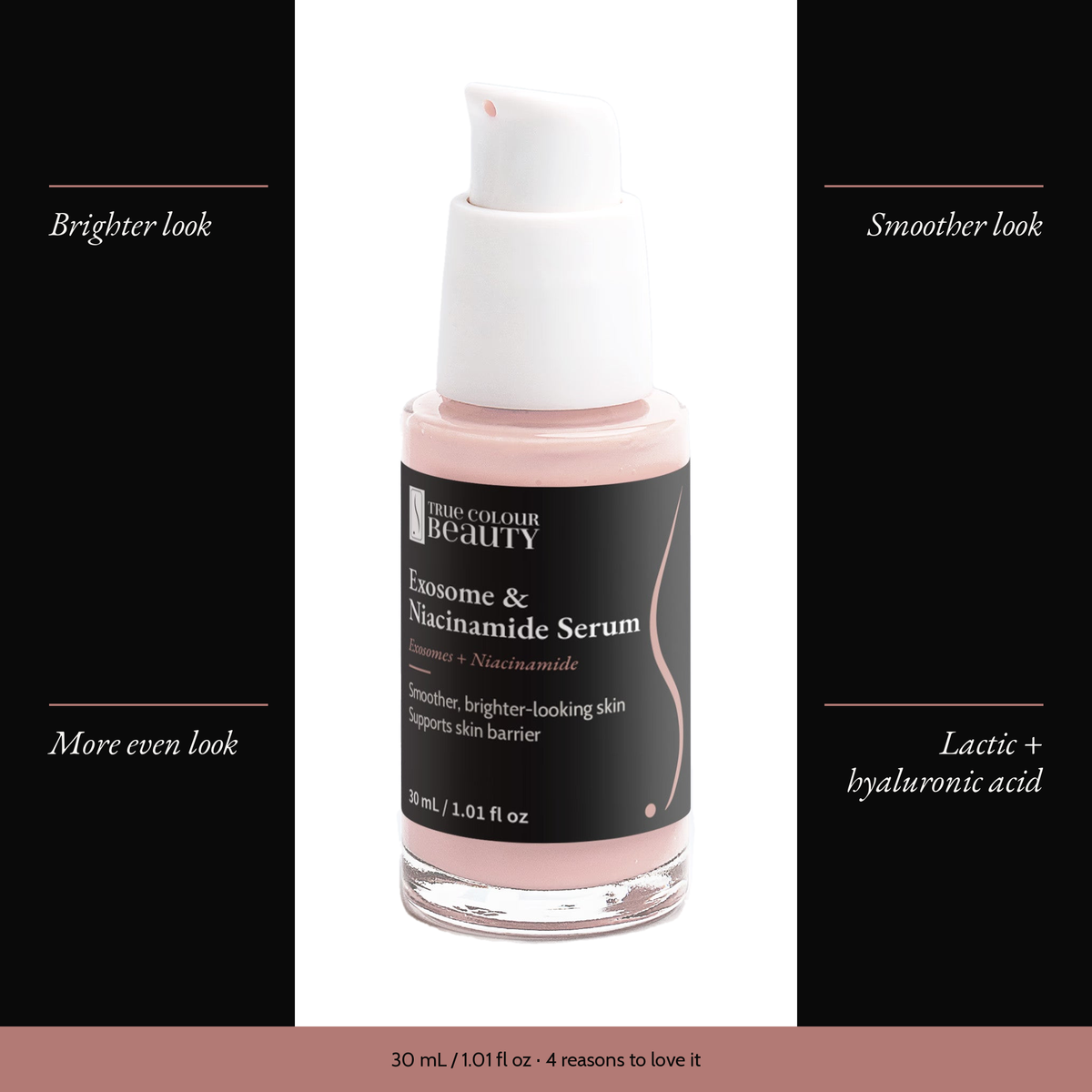Exosome & Niacinamide Serum with four benefits: brighter look, smoother look, more even look, lactic + hyaluronic acid
