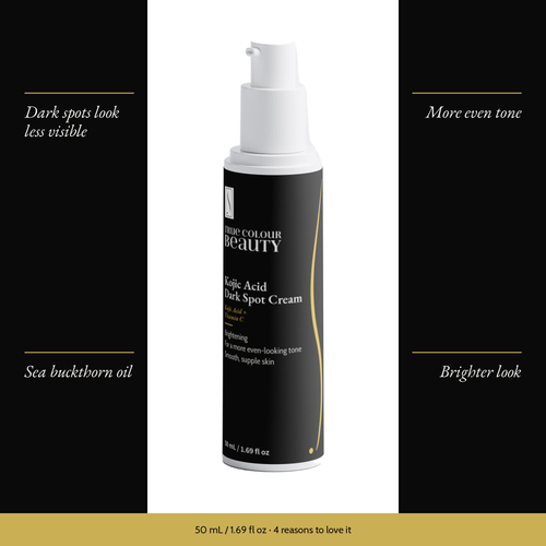 Kojic Acid Dark Spot Cream with four benefits: dark spots look less visible, more even tone, sea buckthorn oil, brighter look
